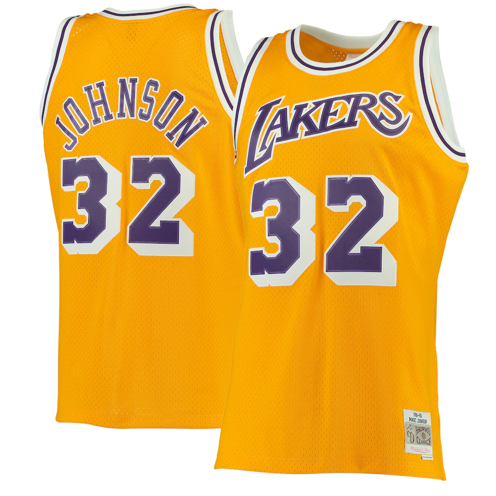 Xdoa LA.Lakers #32 Magic Johnson Mitchell & Ness Gold 1984-1985 Hardwood Classics Authentic Jerseys