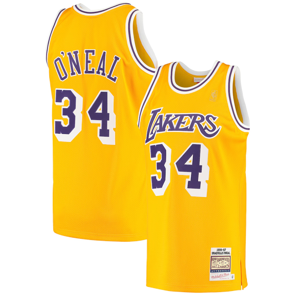 Xdoa LA.Lakers #34 Shaquille O'Neal Mitchell & Ness Gold 1996-1997 Hardwood Classics Authentic Jerseys