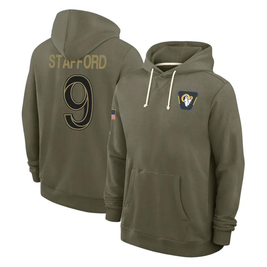 Jdoa LA.Rams #9 Matthew Stafford Player Olive Salute to Service Pullover Hoodies Limited Stitched Jerseys
