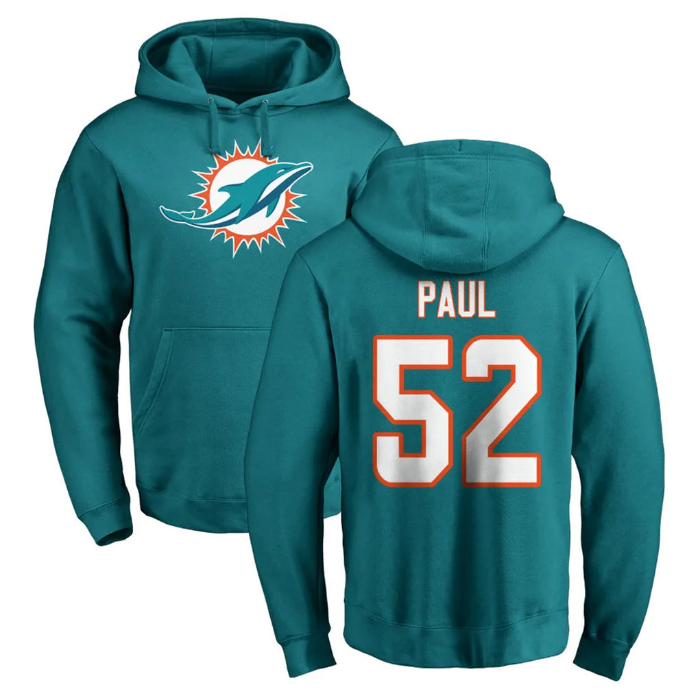 Jdoa M.Dolphins #52 Patrick Paul Player Aqua LOGO Pullover Hoodies Limited Stitched Jerseys