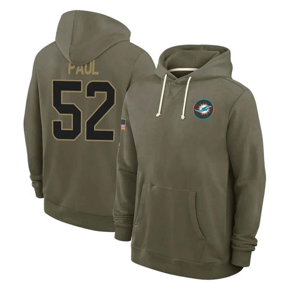 Jdoa M.Dolphins #52 Patrick Paul Player Olive Salute to Service Pullover Hoodies Limited Stitched Jerseys