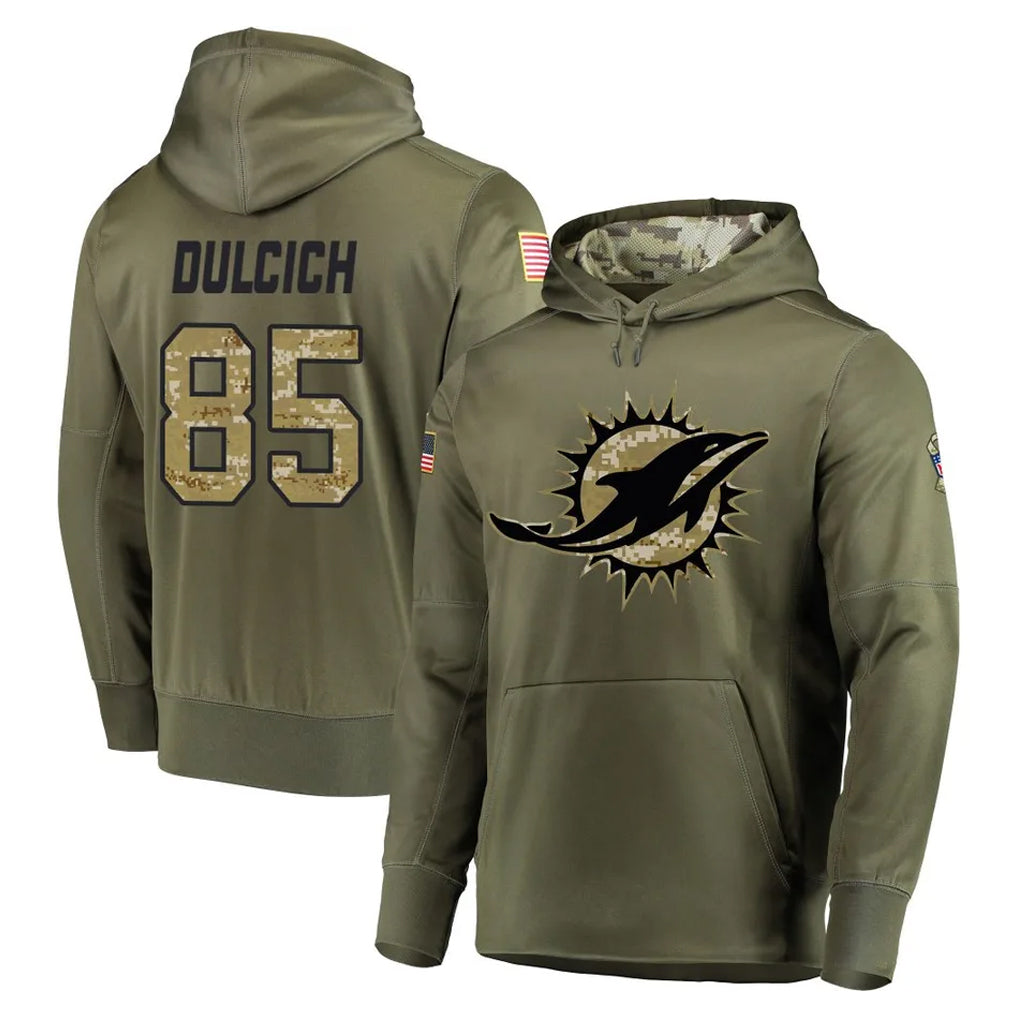 Jdoa M.Dolphins #85 Greg Dulcich Player Olive Salute to Service Pullover Hoodies Home Game Stitched Jerseys
