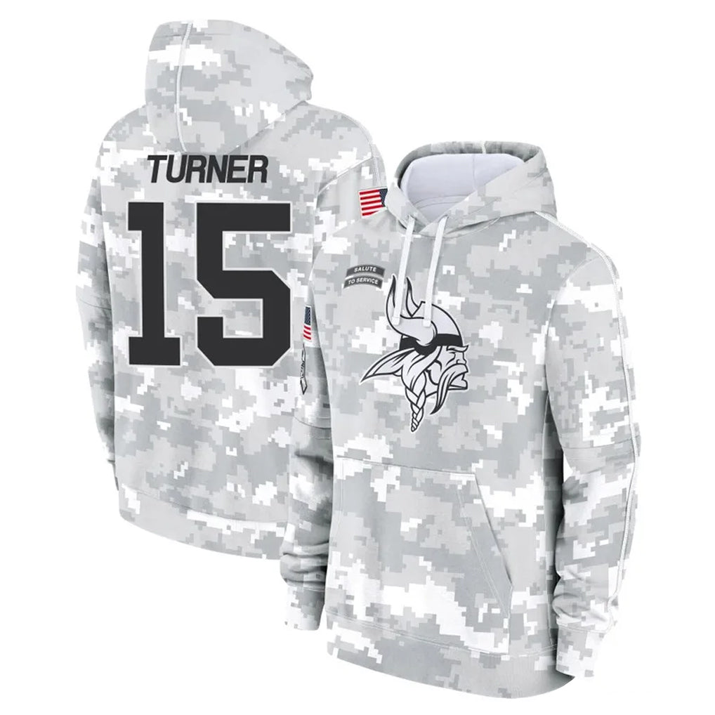 Jdoa MN.Vikings #15 Dallas Turner Player Arctic Camo Salute to Service Pullover Hoodies Limited Game Stitched Jerseys