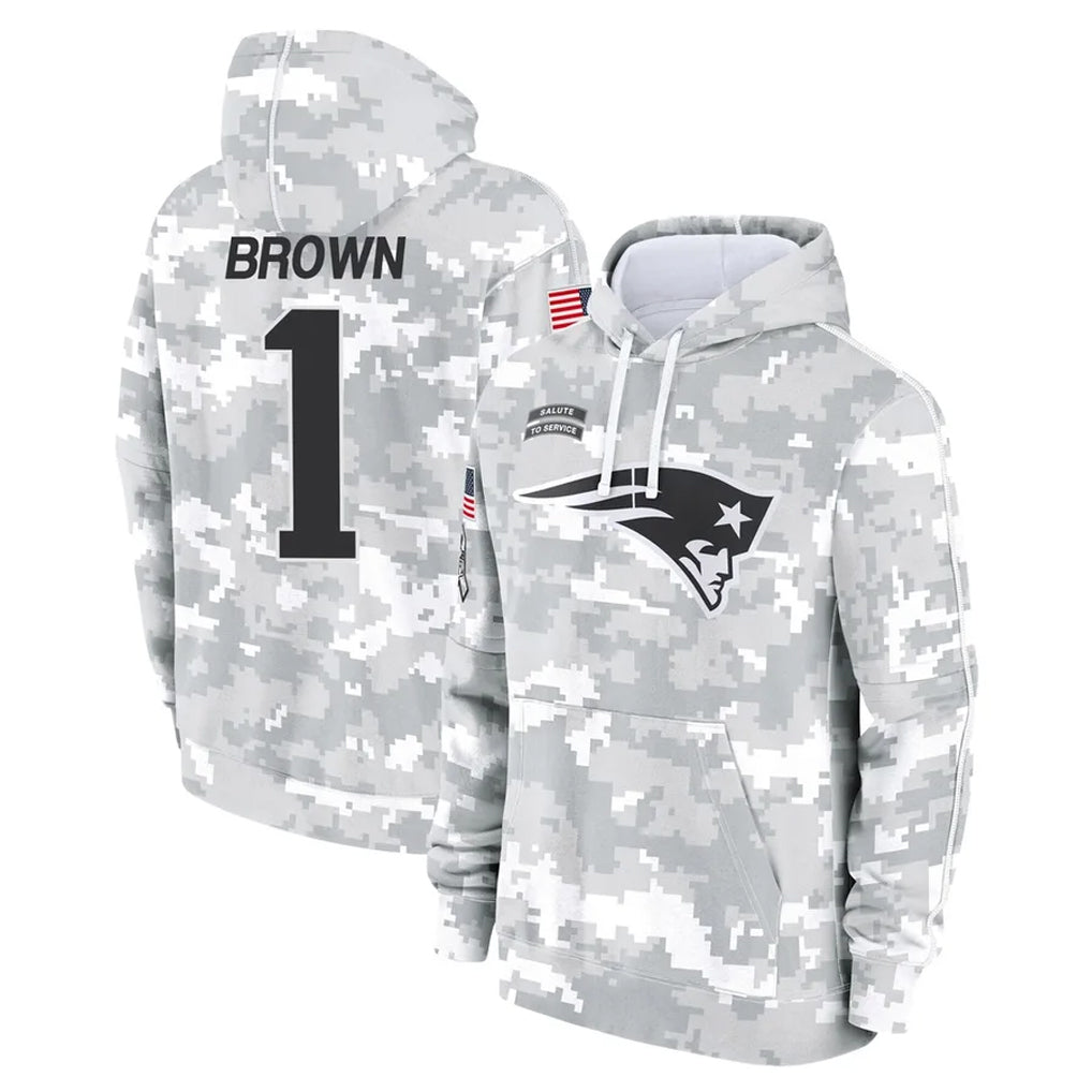 Jdoa NE.Patriots #1 A.J. Brown Player Arctic Camo Salute to Service Pullover Hoodies Limited Game Stitched Jerseys
