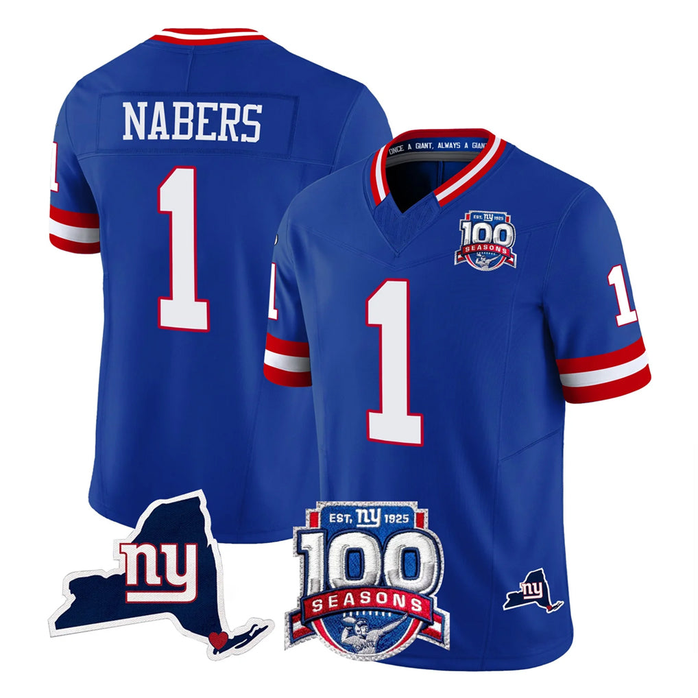 Jdoa NY.Giants #1 Malik Nabers Player Royal 100th Season & State Patch Vapor Limited Home Game Stitched Jerseys