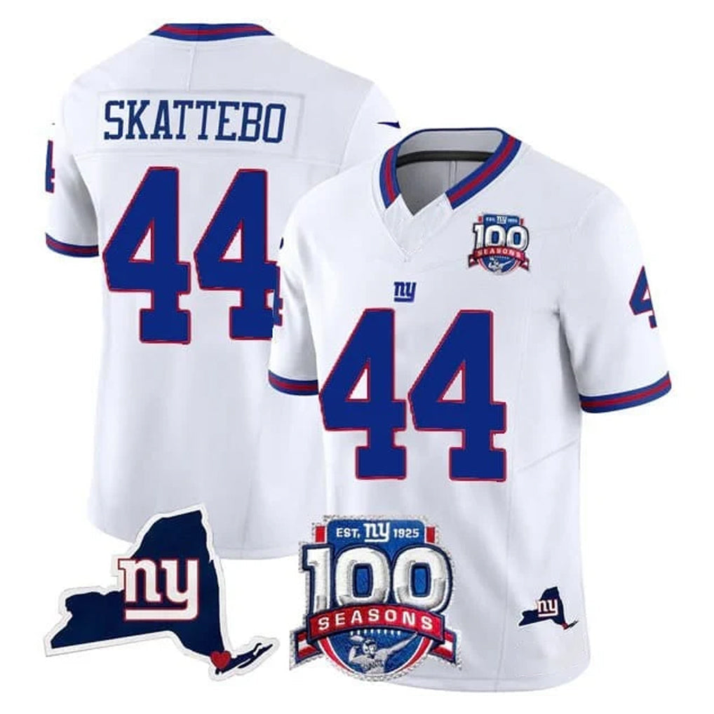 Jdoa NY.Giants #44 Cam Skattebo Player White 100th Season & State Patch Vapor Limited Home Game Stitched Jerseys