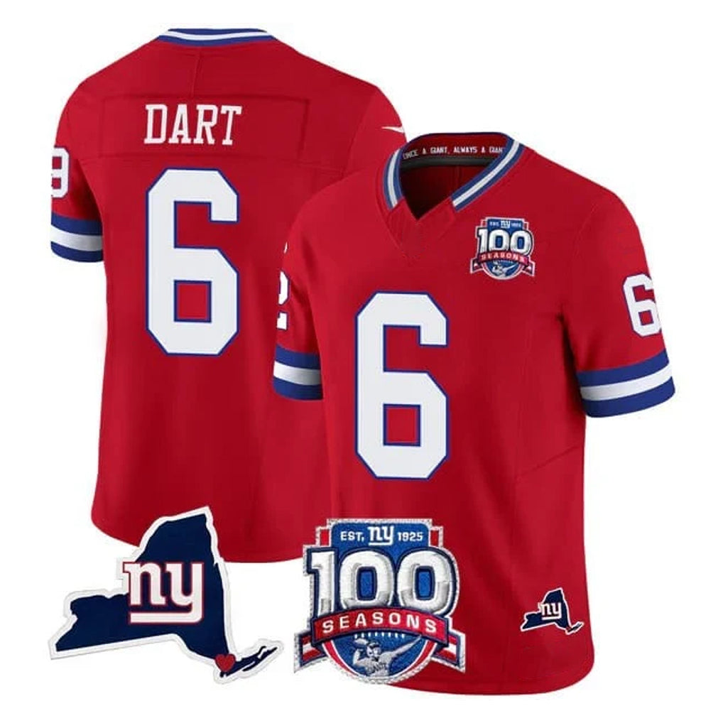 Jdoa NY.Giants #6 Jaxson Dart Player Red 100th Season & State Patch Vapor Limited Home Game Stitched Jerseys