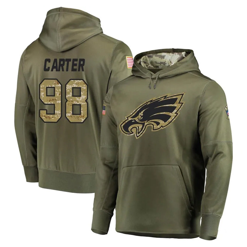 Jdoa P.Eagles #98 Jalen Carter Player Olive Salute to Service Pullover Hoodies Home Game Stitched Jerseys