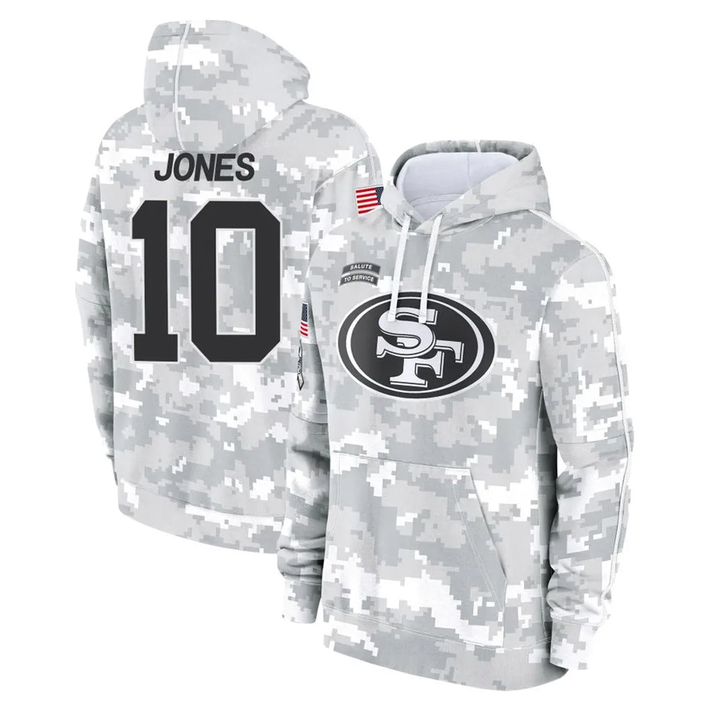 Jdoa SF.49ers #10 Mac Jones Player Arctic Camo Limited Salute to Service Pullover Hoodies Game Stitched Jerseys