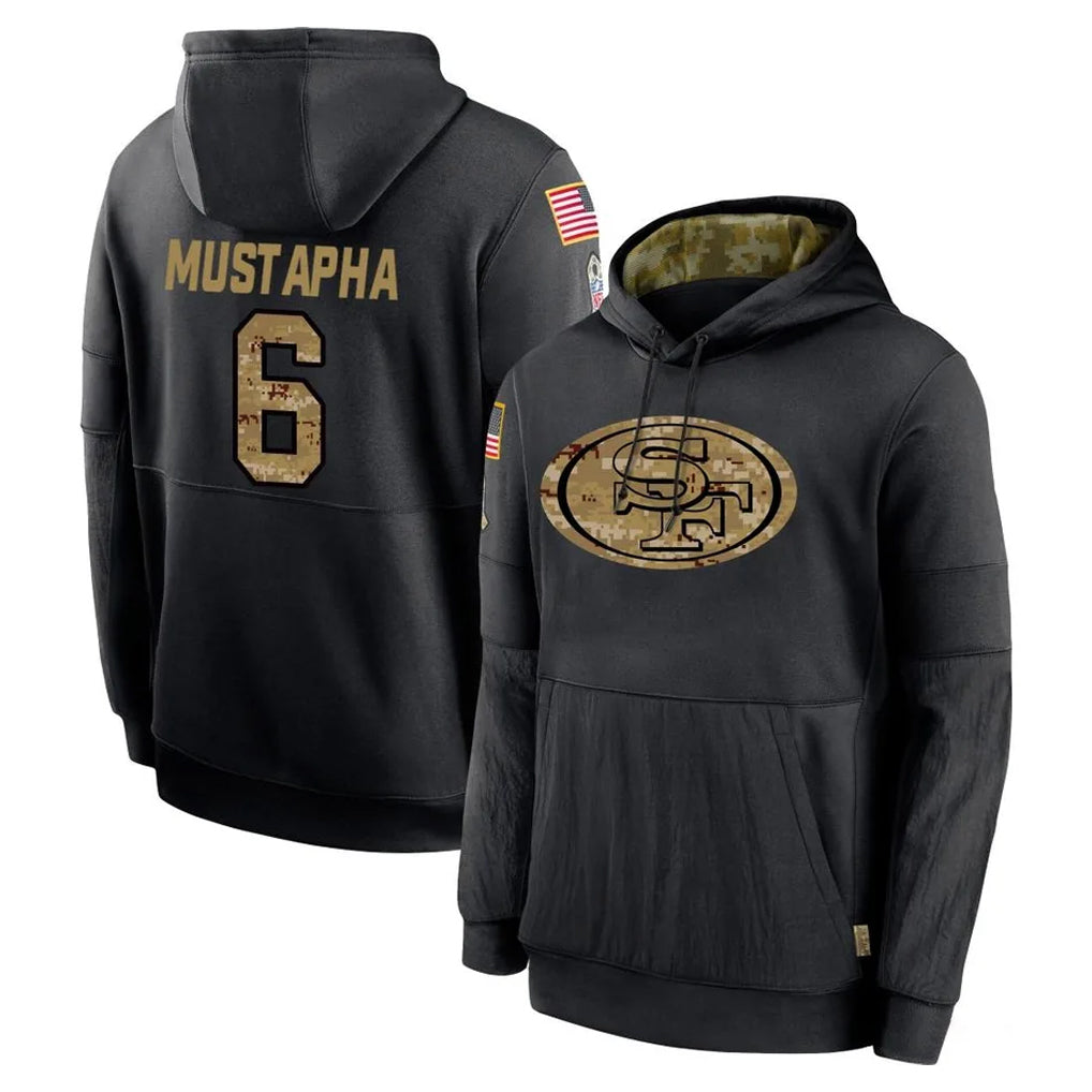 Jdoa SF.49ers #6 Malik Mustapha Player Black Salute to Service Sideline Performance Pullover Hoodies Home Game Stitched Jerseys