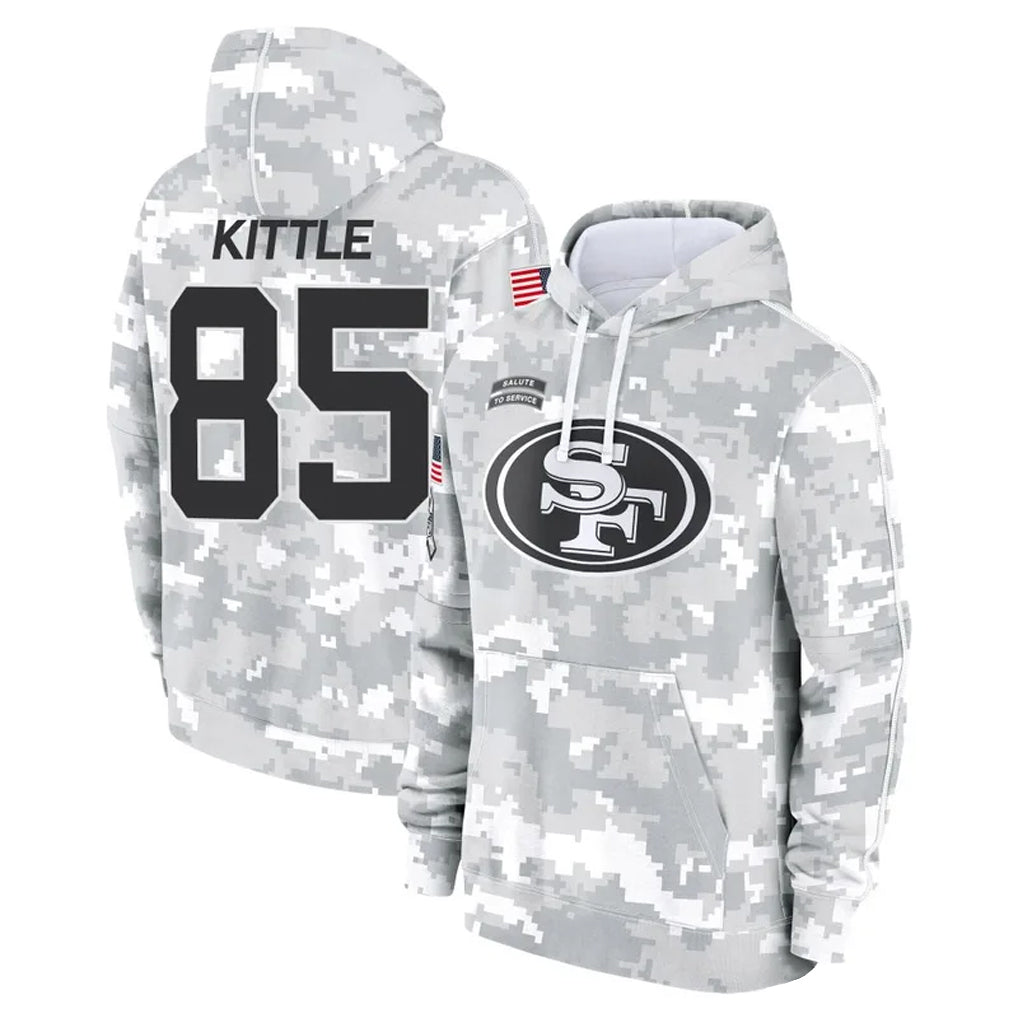 Jdoa SF.49ers #85 George Kittle Player Arctic Camo Salute to Service Hoodies Stitched Jerseys
