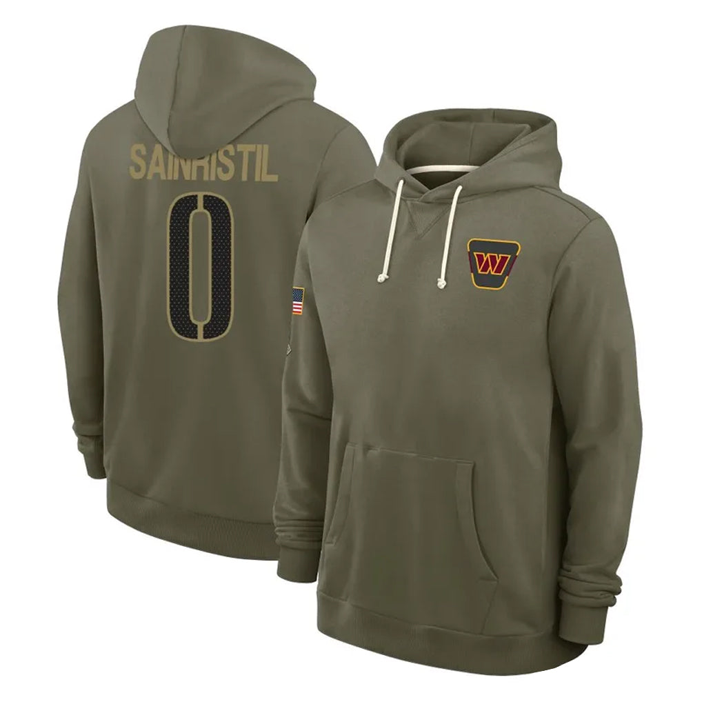 Jdoa W.Commanders #0 Mike Sainristil Player Olive Salute to Service Pullover Hoodies Limited Home Stitched Jerseys