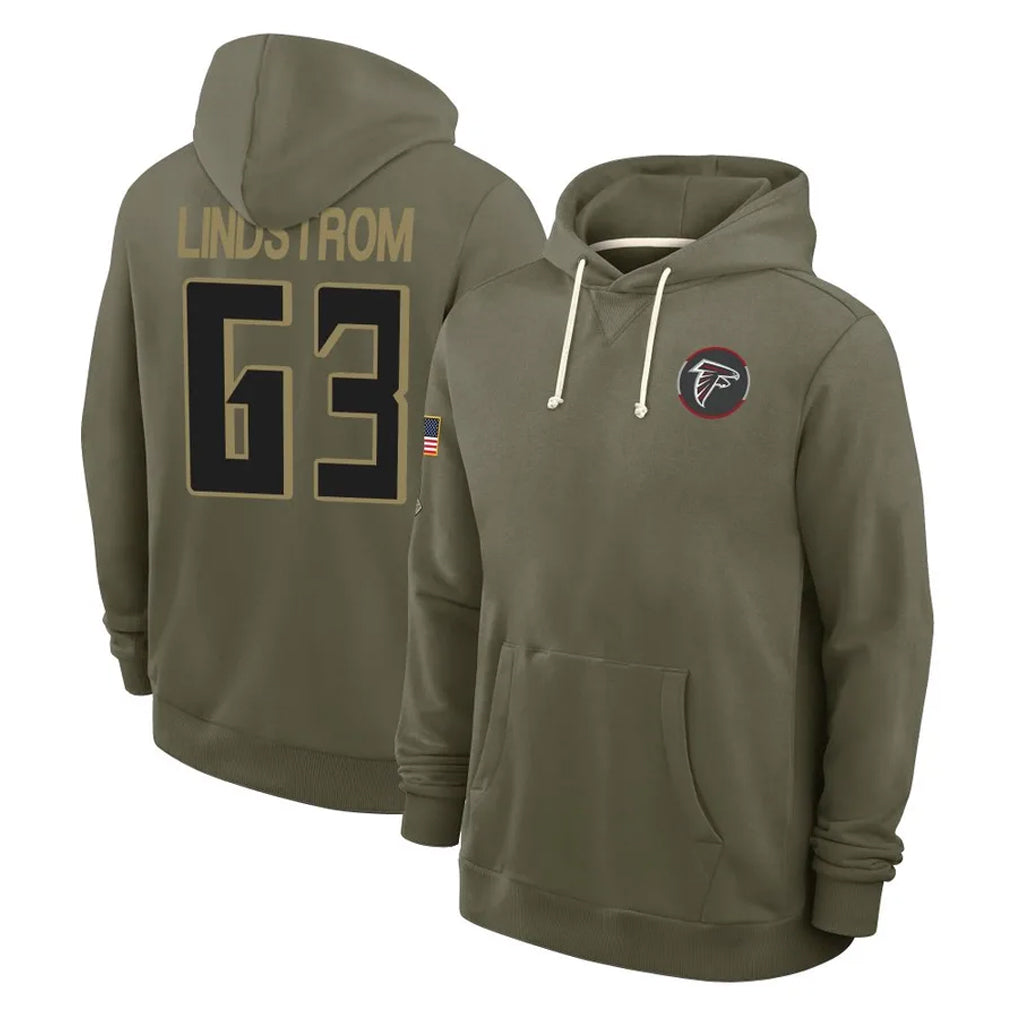 A.Falcons #63 Chris Lindstrom Player Olive 2025 Salute to Service Hoodies Jdoa Stitched Jerseys