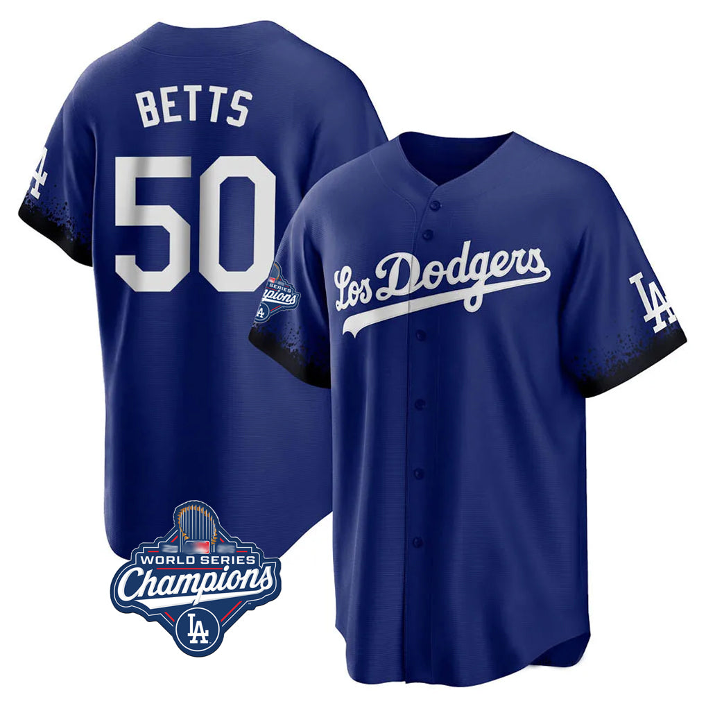 LA.Dodgers #50 Mookie Betts Player Royal World Series Meet City Connect Home Game Jdoa Stitched Jerseys