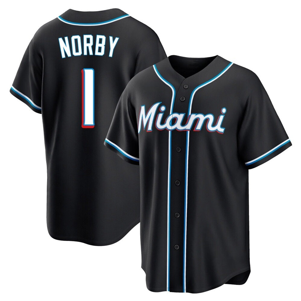 M.Marlins #1 Connor Norby Player Black Fashion Out Home Game Jdoa Stitched Jerseys