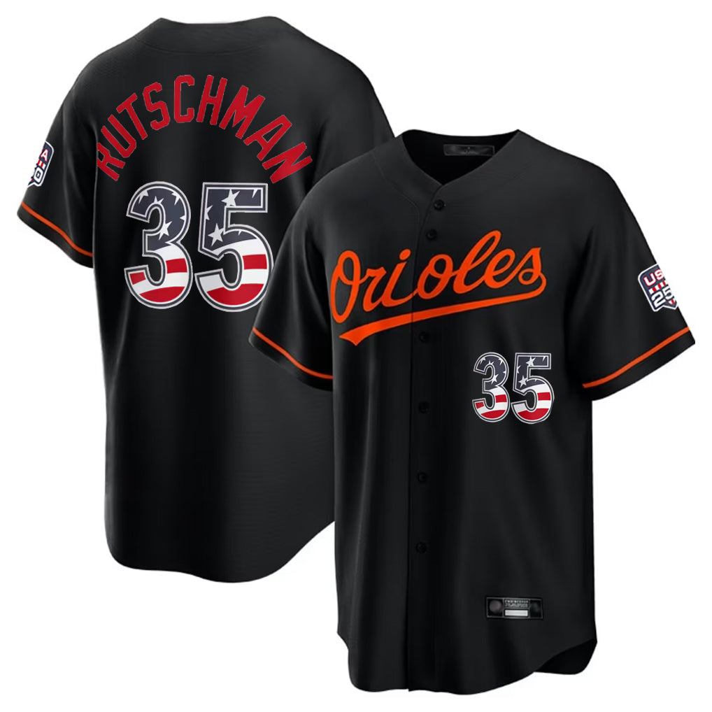 B.Orioles #35 Adley Rutschman Player Black USA 250 Fourth of July Home Game Jdoa Stitched Jerseys