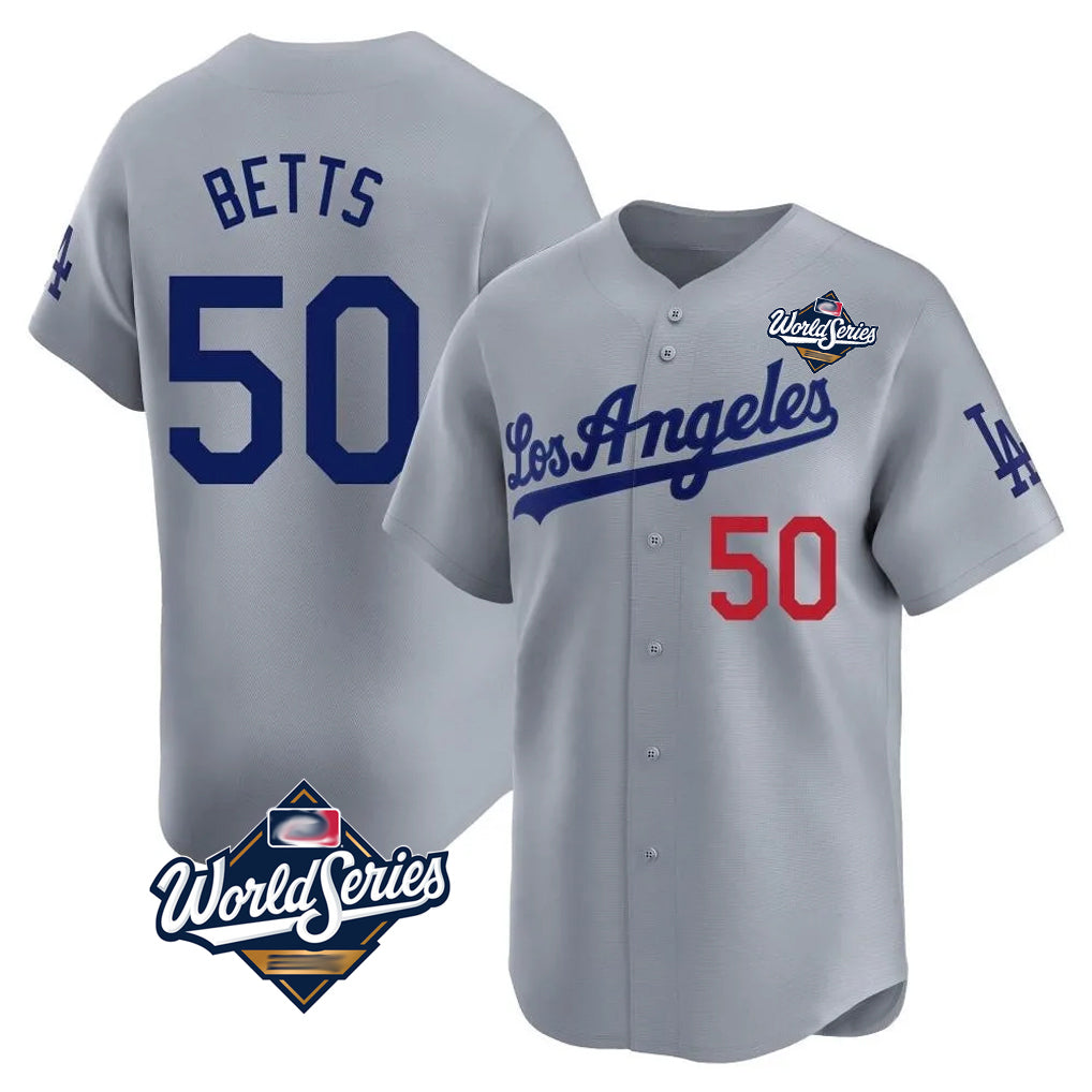 LA.Dodgers #50 Mookie Betts Player Gray World Series Limited Home Jdoa Stitched Jerseys