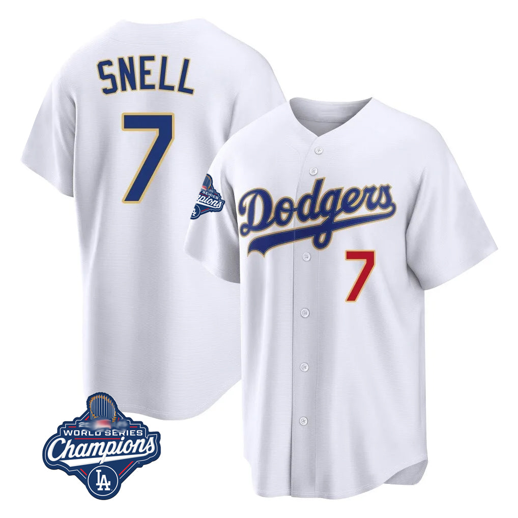 LA.Dodgers #7 Blake Snell Player Gold White 2026 Collection Stadium Limited World Series Meet Jdoa Stitched Jerseys