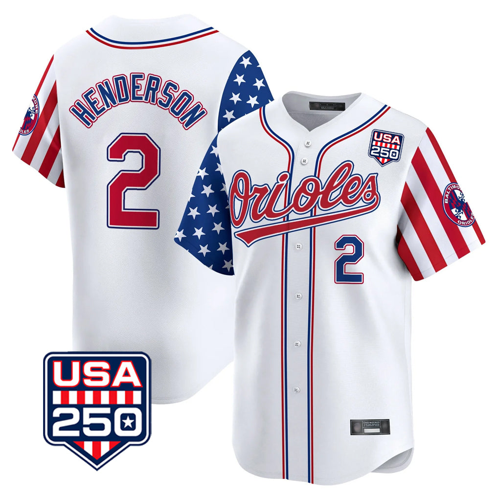 B.Orioles #2 Gunnar Henderson Player White USA 250 Independence Day Vapor Premier Home Game Jdoa Stitched Jerseys