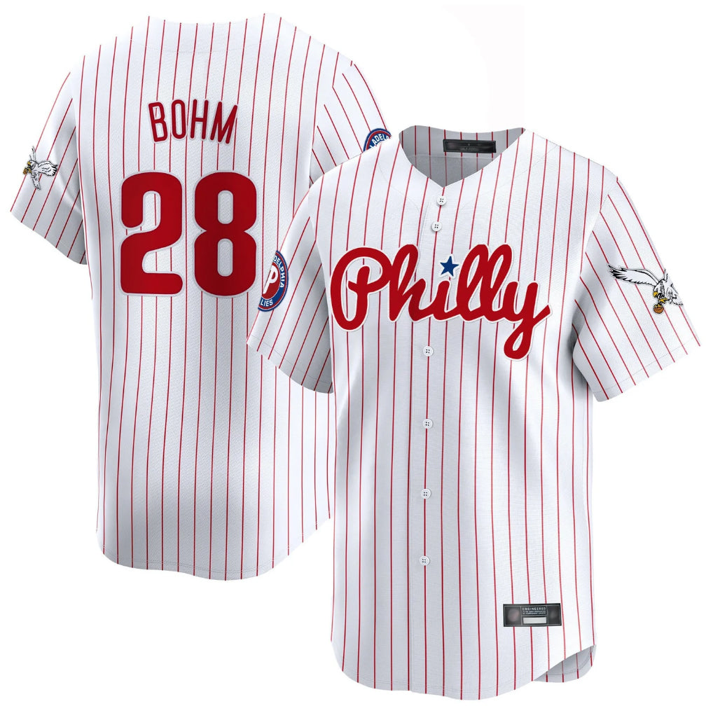 P.Phillies #28 Alec Bohm Player White Pinstripe Phillies & Eagles Vapor Premier Limited Jdoa Stitched Jerseys