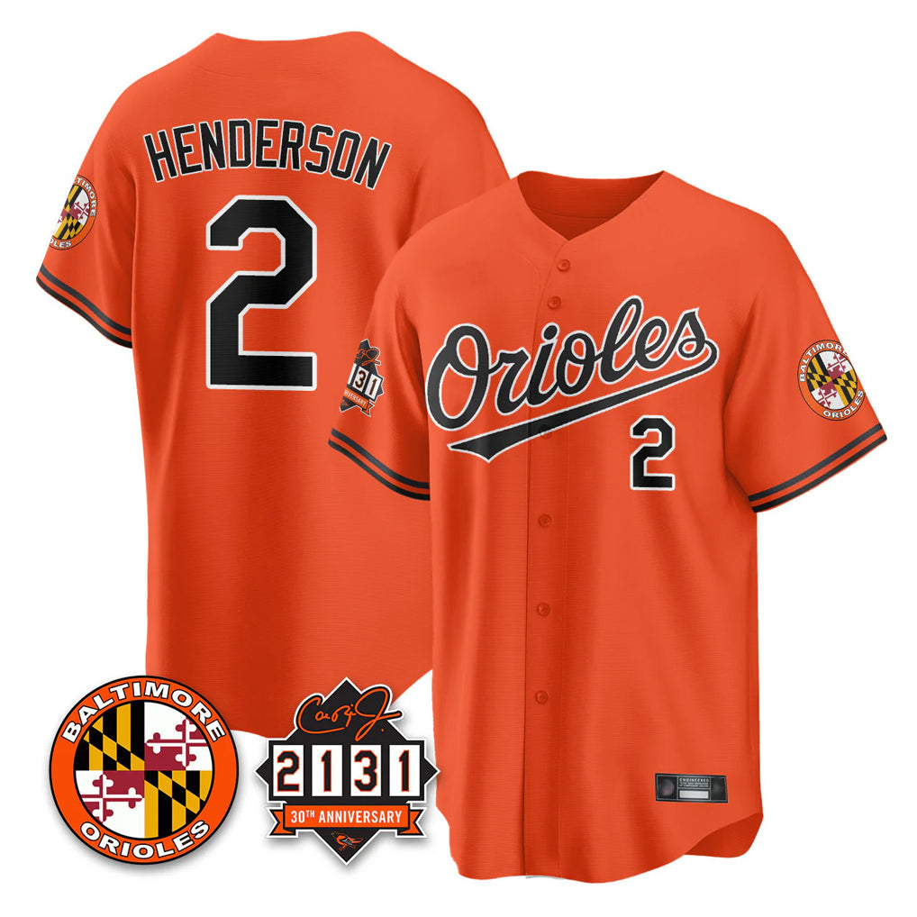 B.Orioles #2 Gunnar Henderson Player Orange 30th Anniversary of 2131 Home Game Jdoa Stitched Jerseys