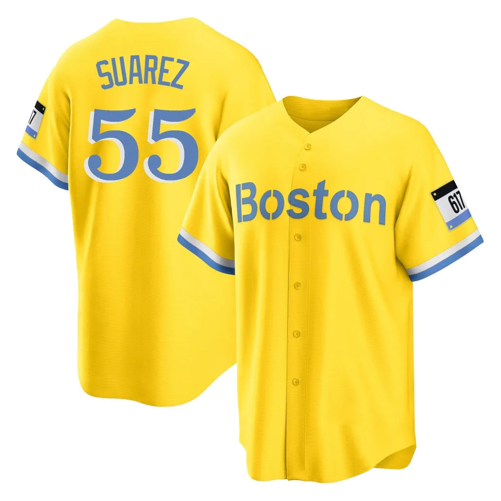 B.Red Sox #55 Ranger Su¨¢rez Player Yellow Home Game Jdoa Stitched Jerseys