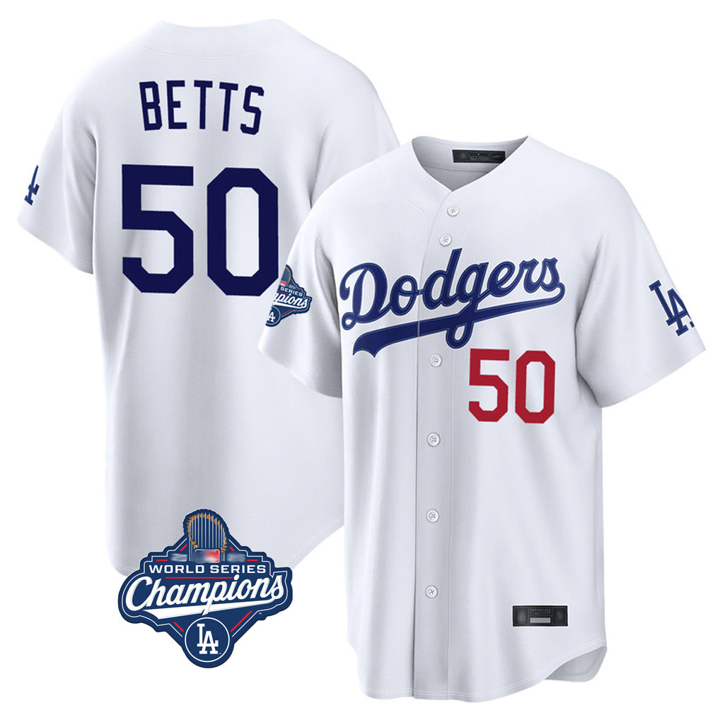 LA.Dodgers #50 Mookie Betts Player White World Series Meet Home Game Jdoa Stitched Jerseys