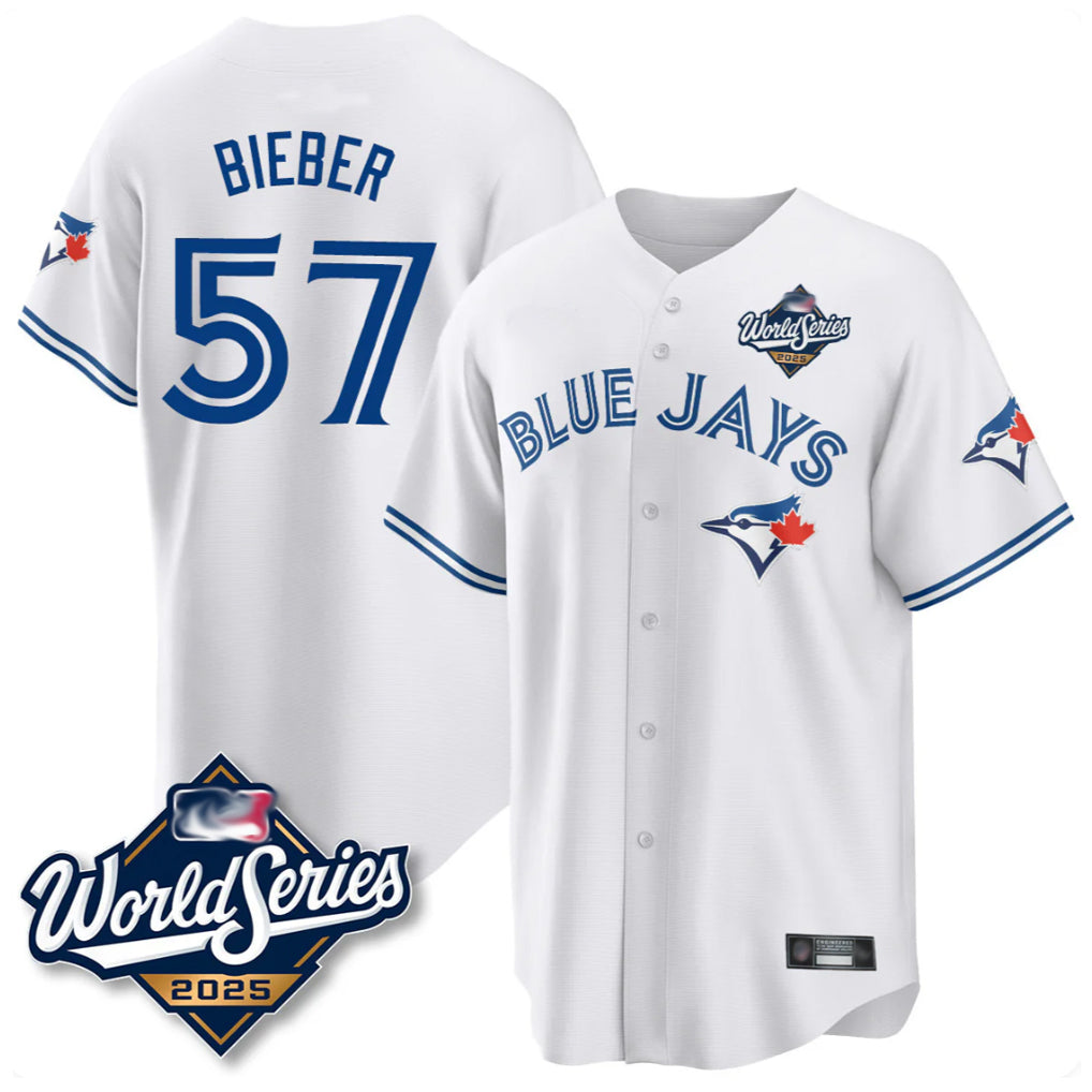 T.Blue Jays #57 Shane Bieber Player White 2025 World Series All Jdoa Stitched Jerseys