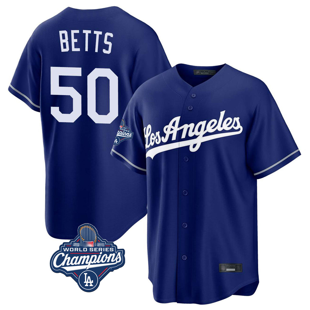 LA.Dodgers #50 Mookie Betts Player Royal World Series Meet Game Jdoa Stitched Jerseys