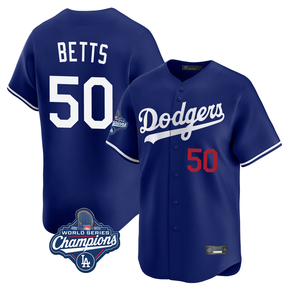 LA.Dodgers #50 Mookie Betts Player Royal World Series Meet Limited Home Jdoa Stitched Jerseys