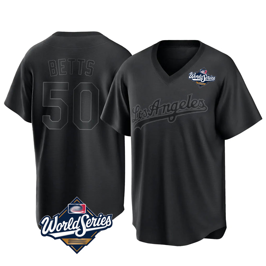 LA.Dodgers #50 Mookie Betts Player Black World Series Pitch Fashion T-shirt Jdoa Stitched Jerseys