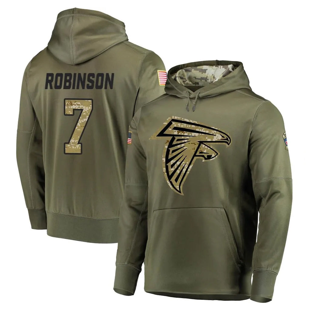 A.Falcons #7 Bijan Robinson Player Olive Salute to Service Pullover Hoodies Jdoa Stitched Jerseys
