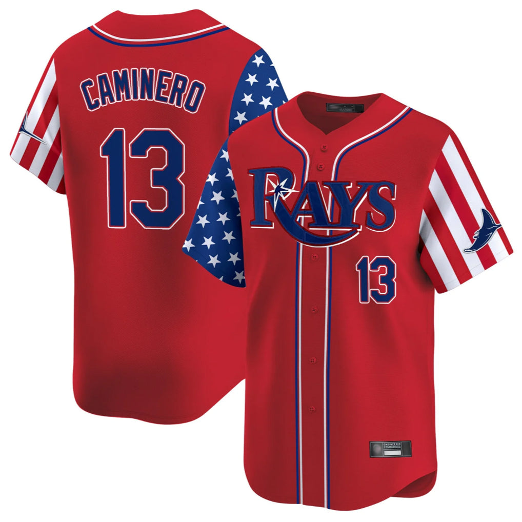 T.Bay Rays #13 Junior Caminero Player Red 2025 Independence Day Vapor Premier Limited Jdoa Stitched Jerseys