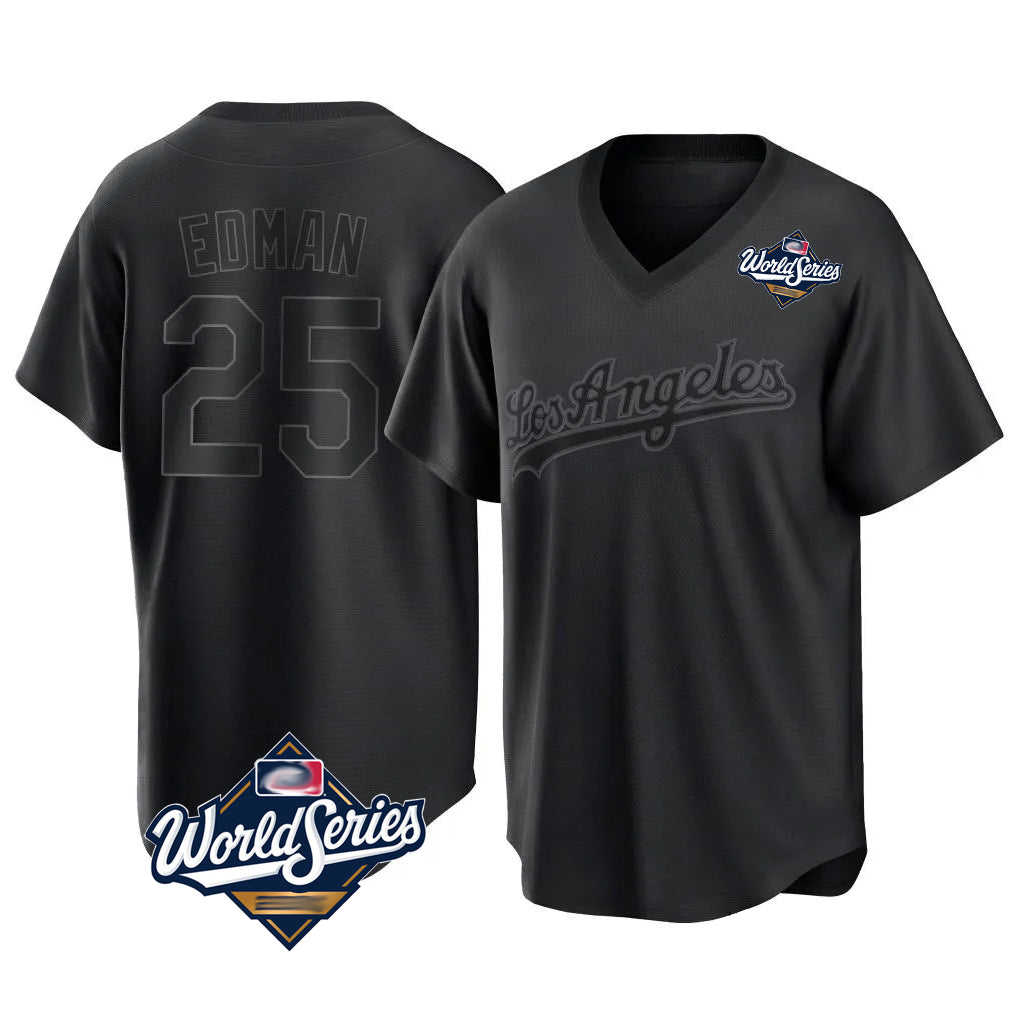 LA.Dodgers #25 Tommy Edman Player Black World Series Pitch Fashion T-shirt Jdoa Stitched Jerseys