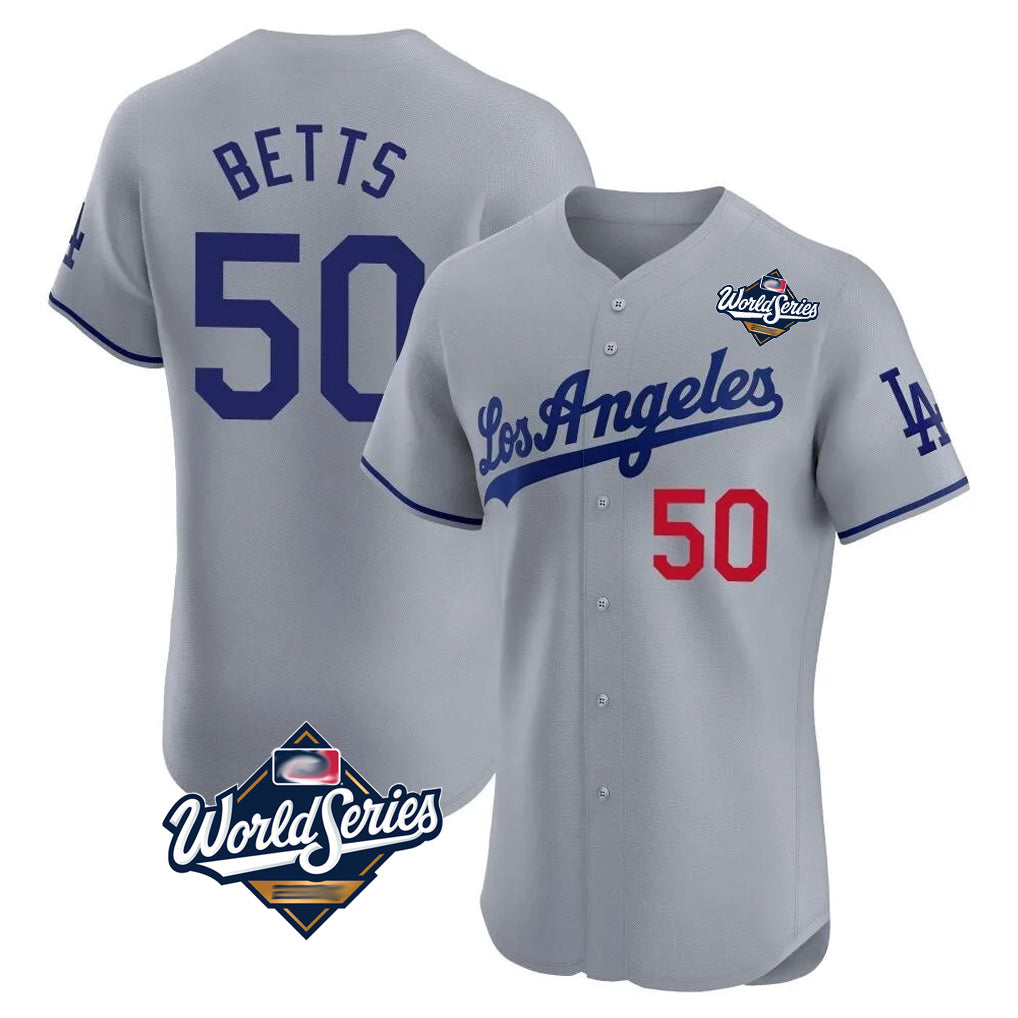 LA.Dodgers #50 Mookie Betts Player Gray World Series Limited Elite Home Jdoa Stitched Jerseys