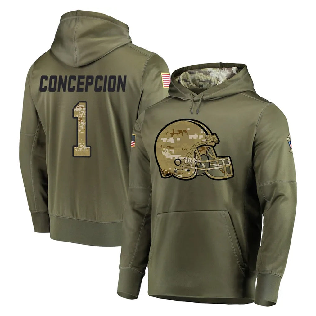 C.Browns #1 KC Concepcion Player Olive Salute to Service Pullover Hoodies Home Game Jdoa Stitched Jerseys
