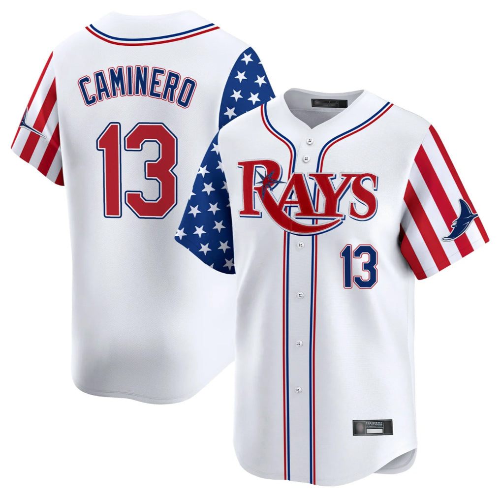 T.Bay Rays #13 Junior Caminero Player White 2025 Independence Day Vapor Premier Limited Jdoa Stitched Jerseys