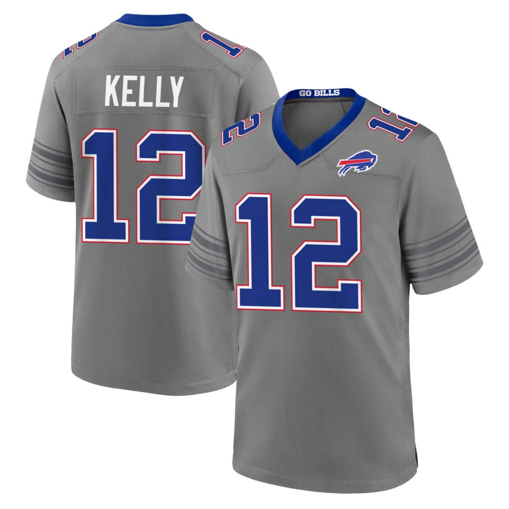 B.Bills #12 Jim Kelly Player Gray Nickel City Home Game Jdoa Stitched Jerseys