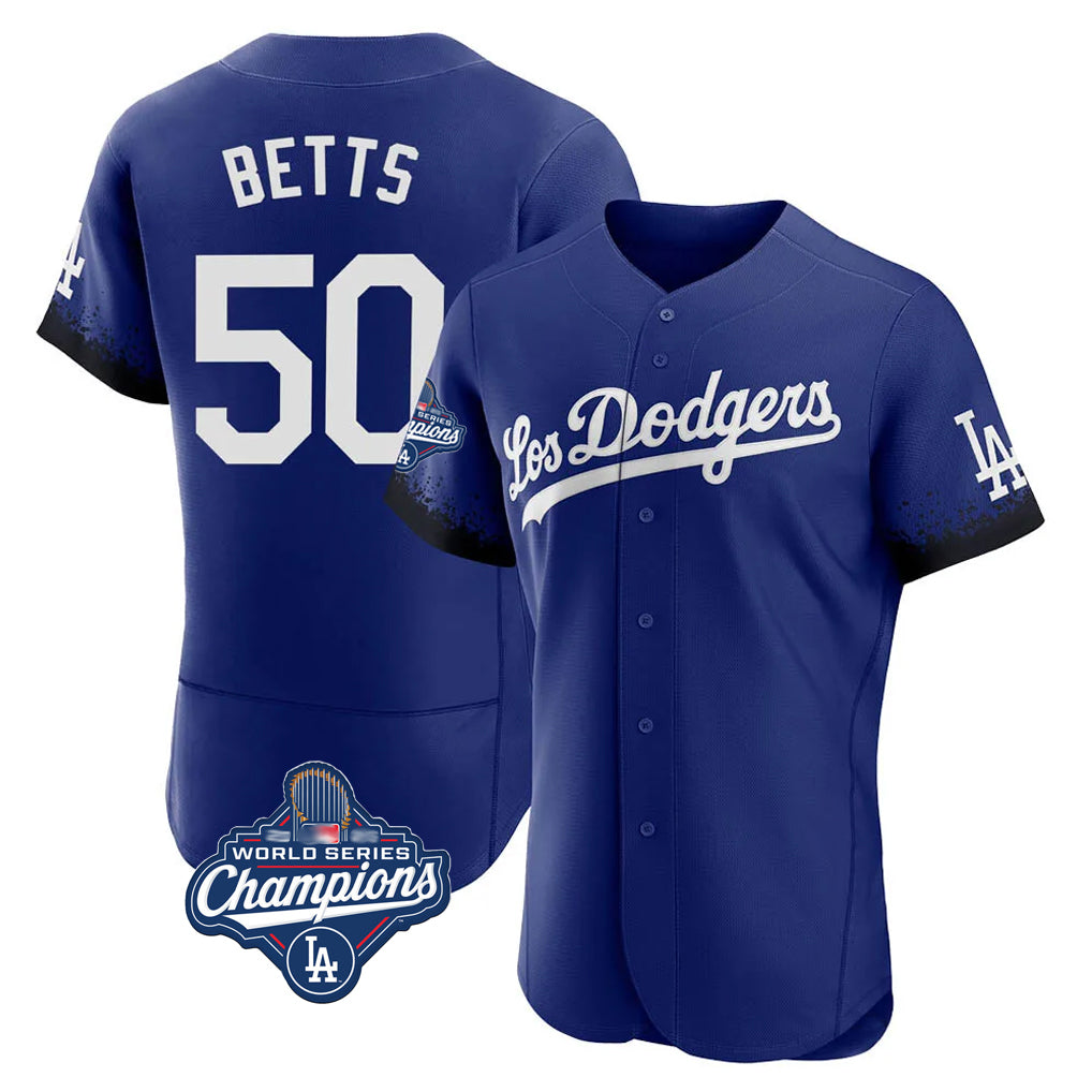 LA.Dodgers #50 Mookie Betts Player Royal World Series Meet City Connect Elite Home Jdoa Stitched Jerseys