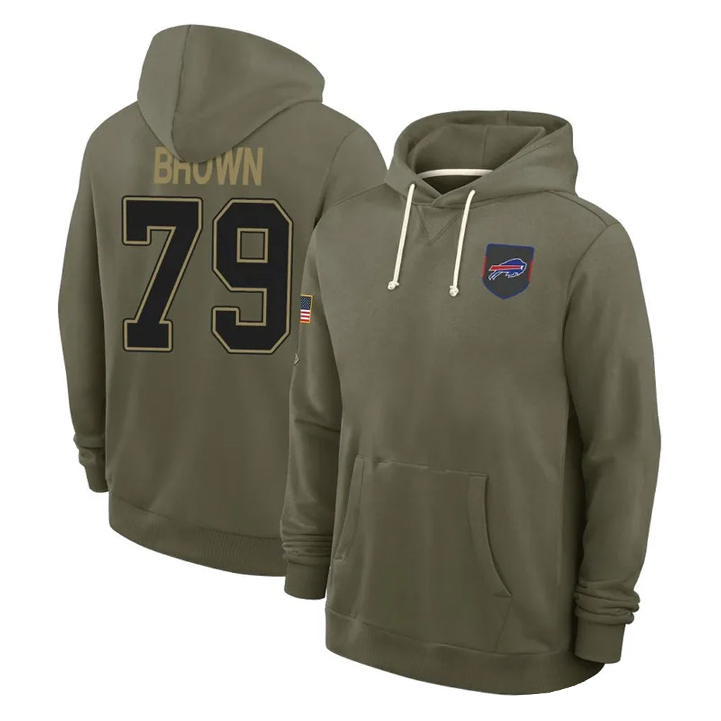 B.Bills #79 Spencer Brown Player Olive 2025 Salute to Service Hoodies Jdoa Stitched Jerseys