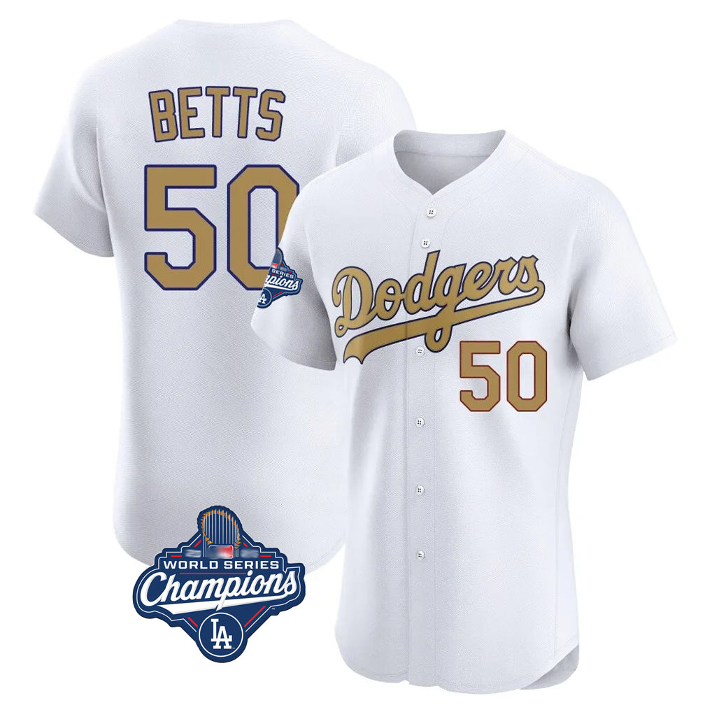 LA.Dodgers #50 Mookie Betts Player Gold World Series Meet Limited Elite Home Jdoa Stitched Jerseys