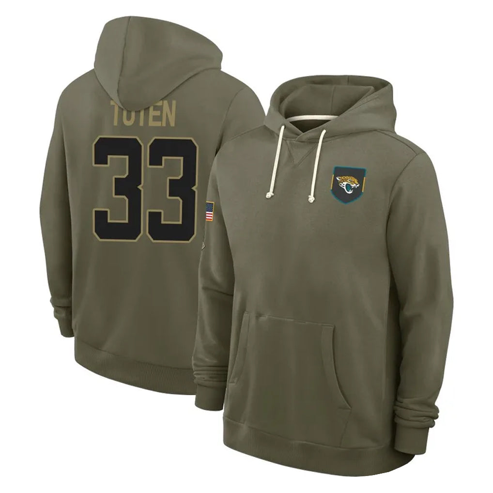 J.Jaguars #33 Bhayshul Tuten Player Olive Salute to Service Pullover Hoodies Limited Jdoa Stitched Jerseys