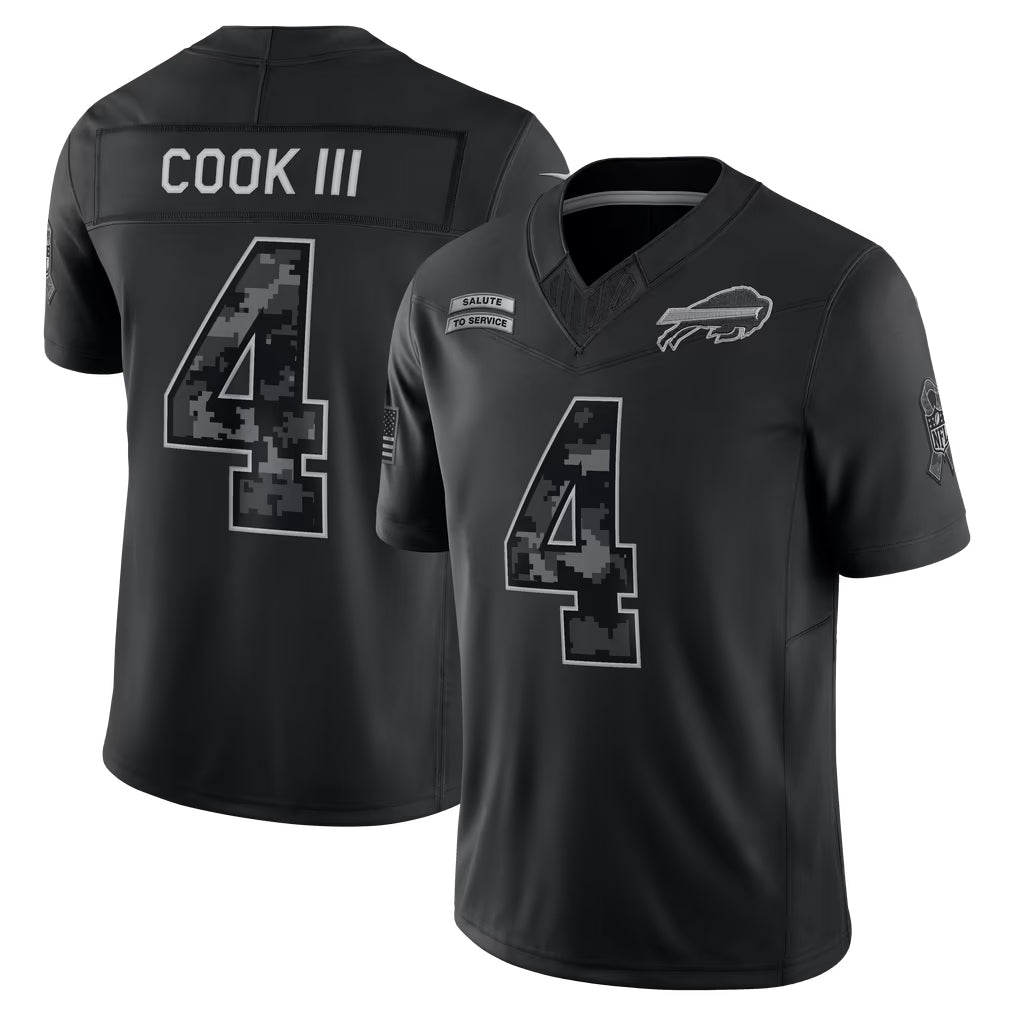 B.Bills #4 James Cook III Player Black Limited 2026 Salute to Service Home Game Xdoa Stitched Jerseys